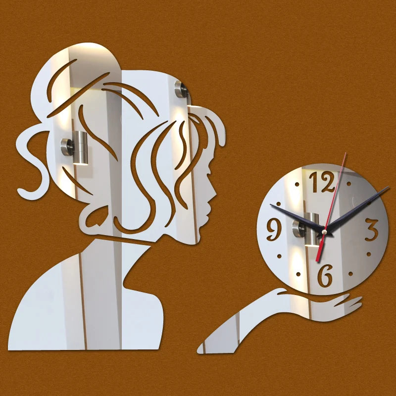 Beauty Lady Portrait Wall Clock Digital Quartz Watch Acrylic 3D Mirror Stickers Living Room Home Decor Beauty Salon Wall Decor