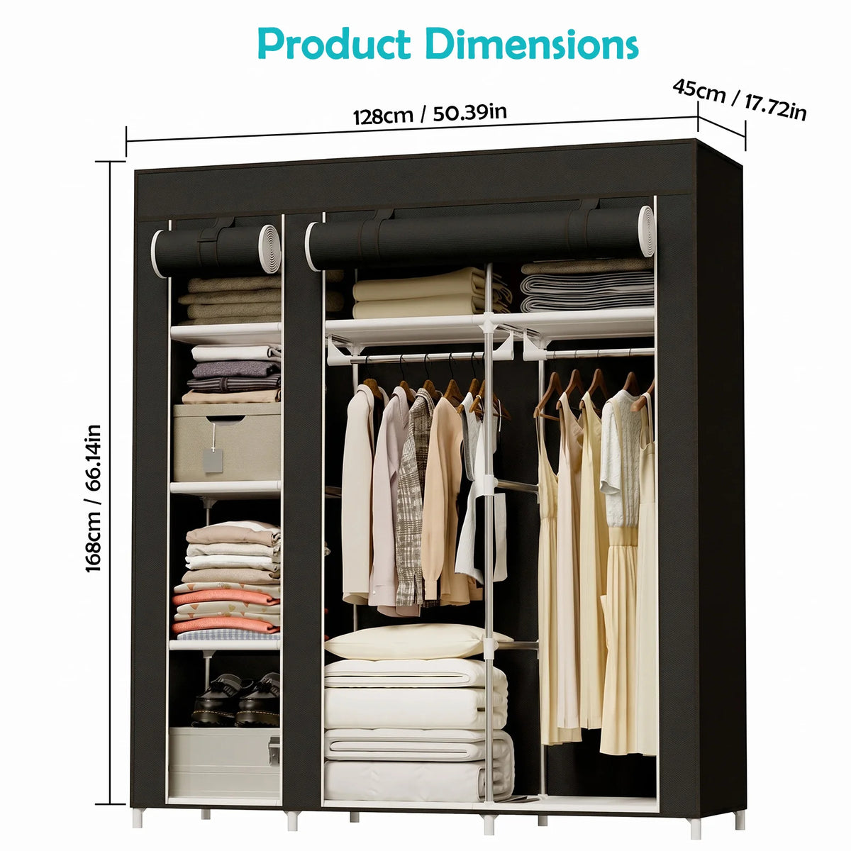 Portable Wardrobe Closet Organizer Storage Non-Woven Large Capacity with 2 Hanging Rods & 8 Storage Shelves, Waterproof & Dustproof Tool-Free Assembly for Bedroom Dorm Apartment Walk-in Closet