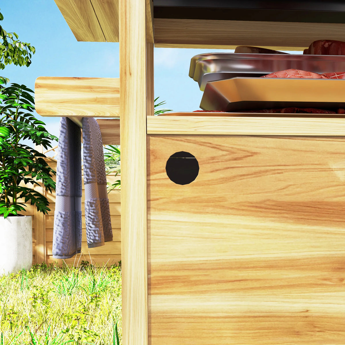 Grill Cart, Kitchen Island with Storage Cabinets, Natural Wood