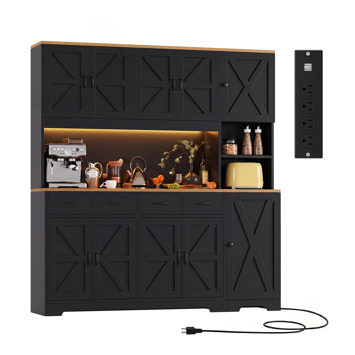 63"W x 15.8"D Farmhouse Slim Kitchen Pantry Cabinet, Black Storage Cabinet with Built-in AC Outlets & 2 USB Ports, LED Light, 6 Adjustable Shelves & 4 Soft-Close Drawers, Versatile for Kitchen Dining Room