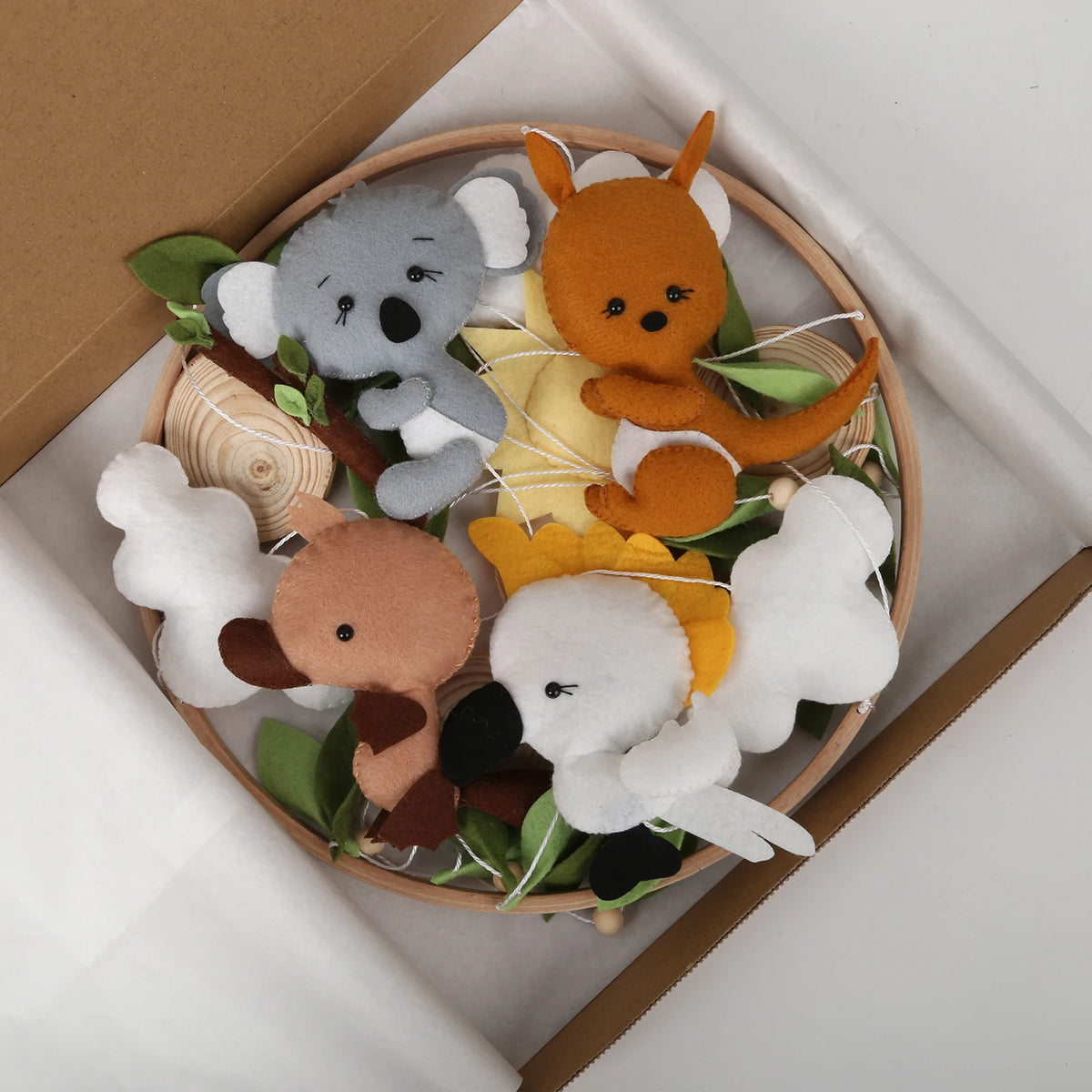 Baby Mobile Australian Animals Koala Kangaroo Platypus and Cockatoo. Koala Nursery Decor Natural Green Leaves