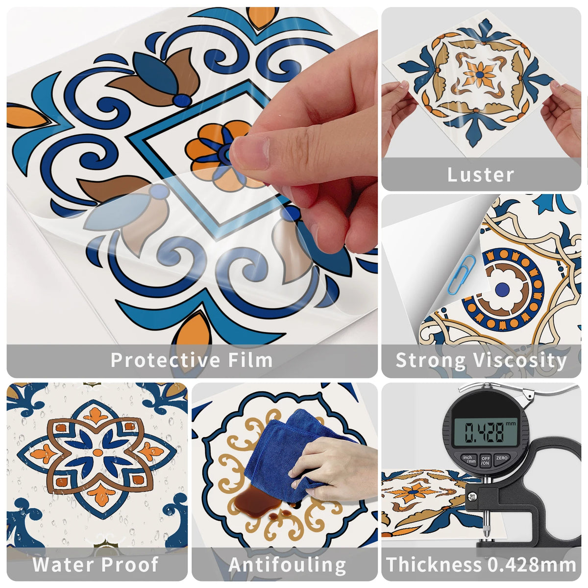 48 Pieces of Floral Brick Wall Stickers in Blue Brown Exotic Mandala Pattern for Kitchen and Bathroom Decoration