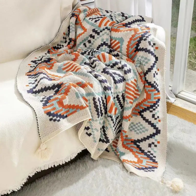 Boho Knitted Throw Blanket Luxury Soft Geometric Pattern Sofa Cover Home Decor Lightweight Travel Camping Blanket with Tassels
