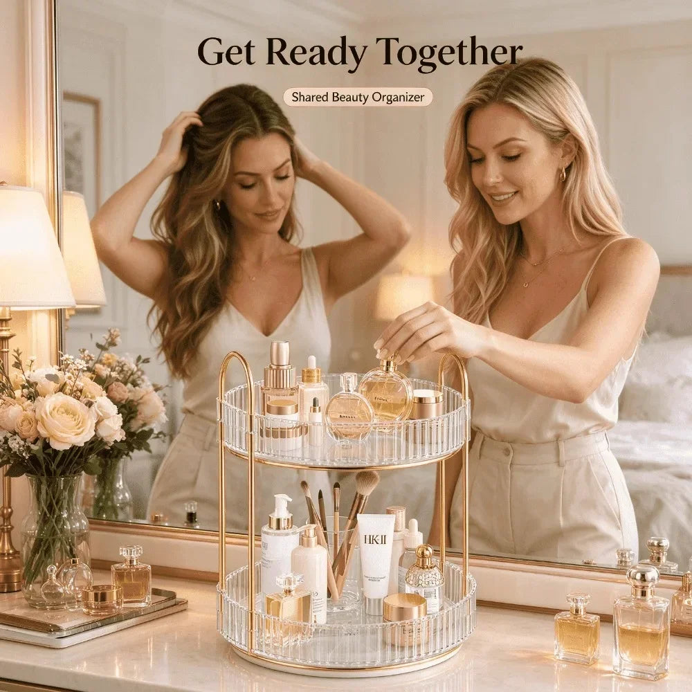 2 Tier 360 Degree Rotating Makeup Organizer Large Capacity Clear Acrylic Perfume Skincare Cosmetics Storage Rack for Vanity Countertop Bathroom Dresser,Spinning Lazy Susan Beauty Organizer Display Stand with Gold Frame,Gift f