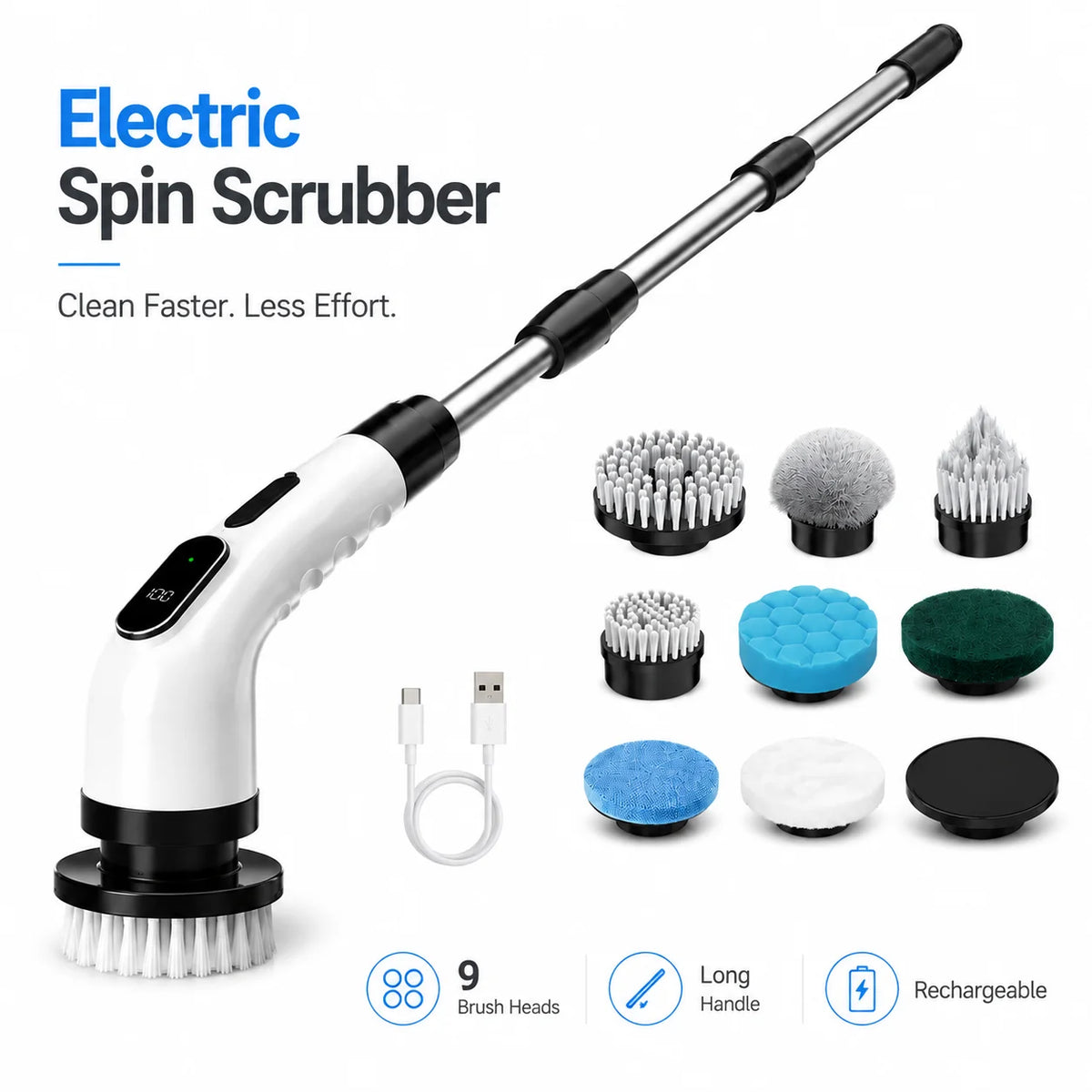 Cordless Electric Spin Scrubber, 9-in-1 Power Cleaning Brush with Long Handle and Multiple Brush Heads for Bathroom Kitchen Floor