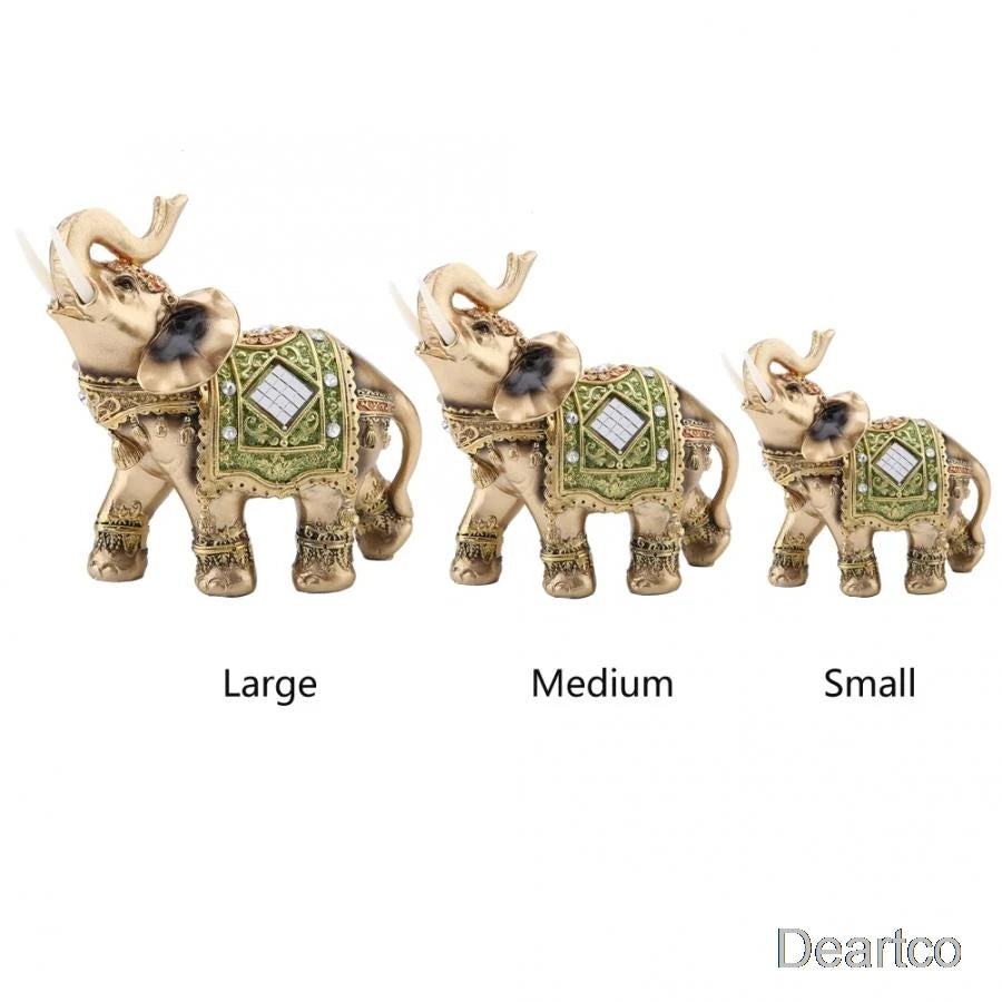 S M L Feng Shui Brass Color Resin Elegant Elephant Trunk Statue Wealth Lucky Figurine Home Decor Gift