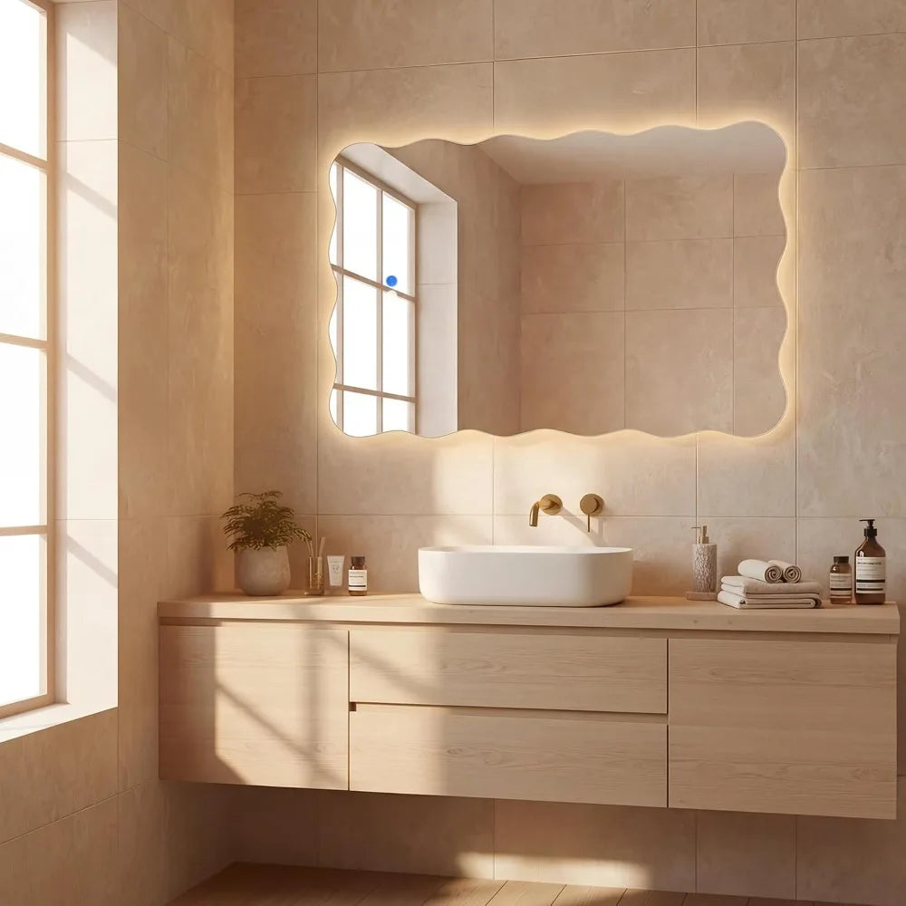 Wavy LED Bathroom Mirror 24x36 Vanity Light IP54 Anti-Fog 3 Color Dimmable