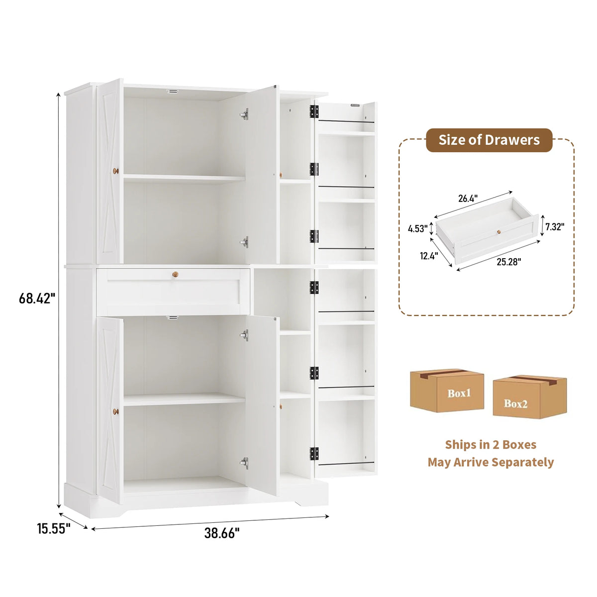 68.4" Tall White Modern Farmhouse Barn Door Kitchen Pantry Cabinet, Compact Footprint Large Capacity Storage with 6-Tier Door Shelves, 7 Interior Compartments, Adjustable Shelf & Smooth-Glide Drawer, Anti-Tip Kit, Easy Assemb