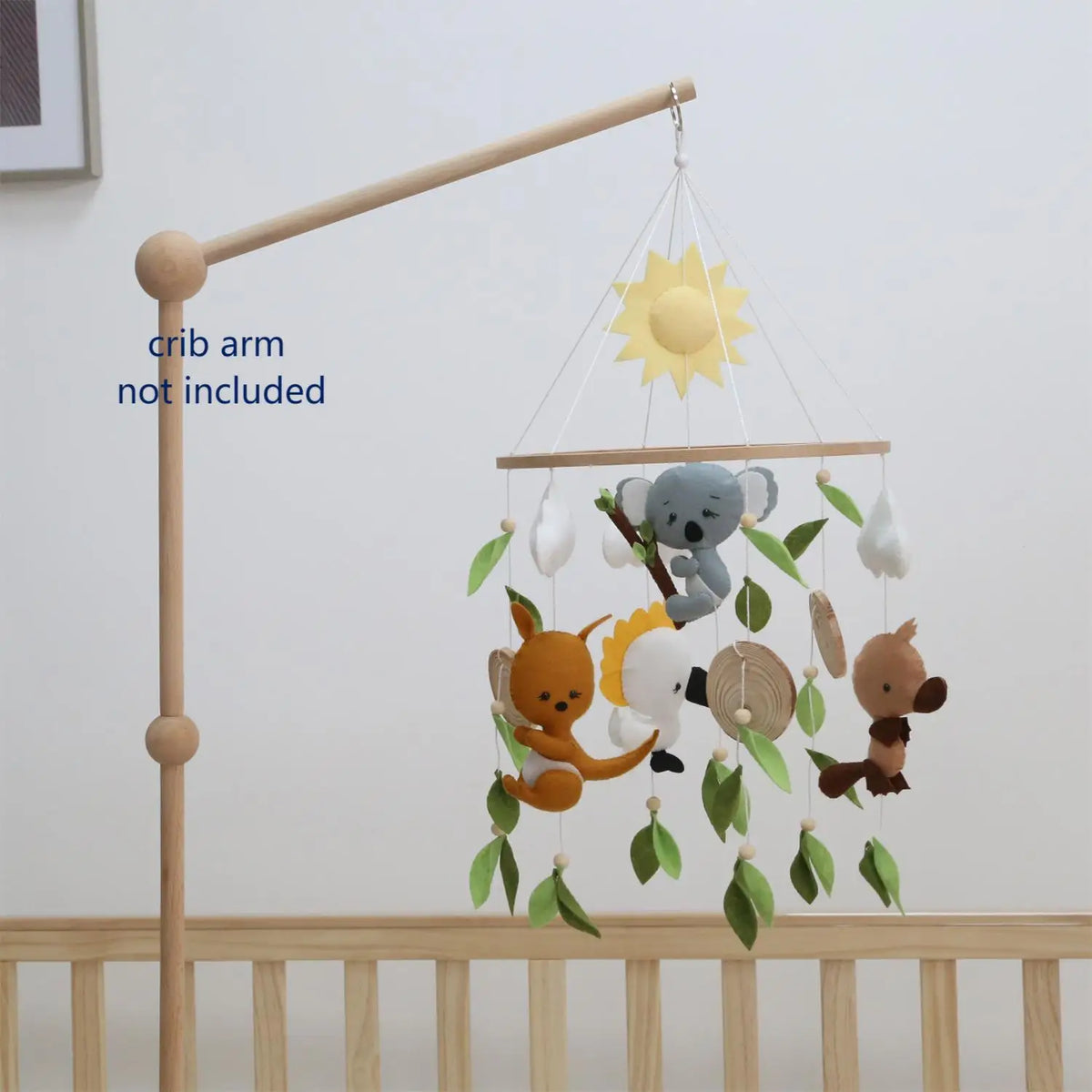Baby Mobile Australian Animals Koala Kangaroo Platypus and Cockatoo. Koala Nursery Decor Natural Green Leaves