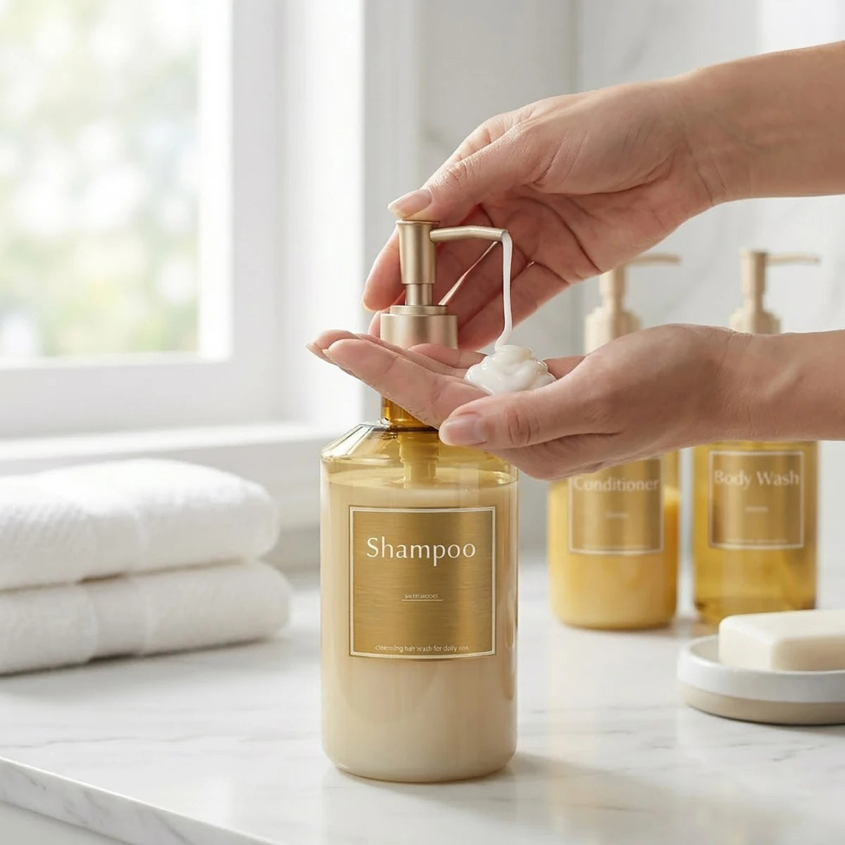 3PCS Shower Soap Dispenser Bottles with Waterproof Labels, Luxury Guest Bathroom Decoration Gold Bottles for Shampoo Conditioner