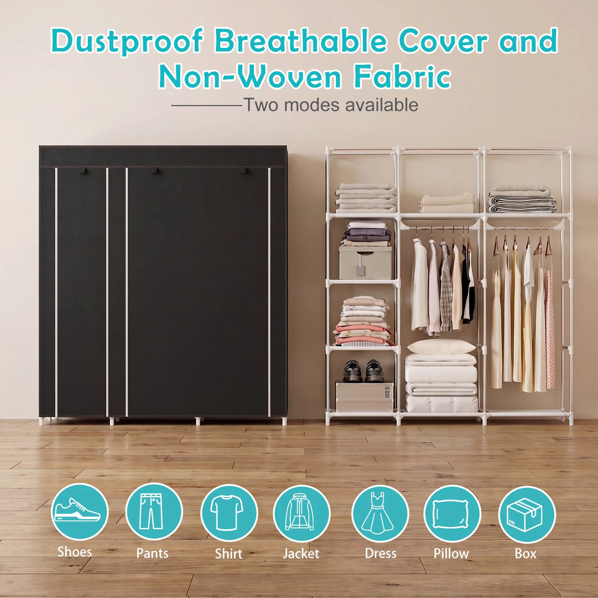 Portable Wardrobe Closet Organizer Storage Non-Woven Large Capacity with 2 Hanging Rods & 8 Storage Shelves, Waterproof & Dustproof Tool-Free Assembly for Bedroom Dorm Apartment Walk-in Closet