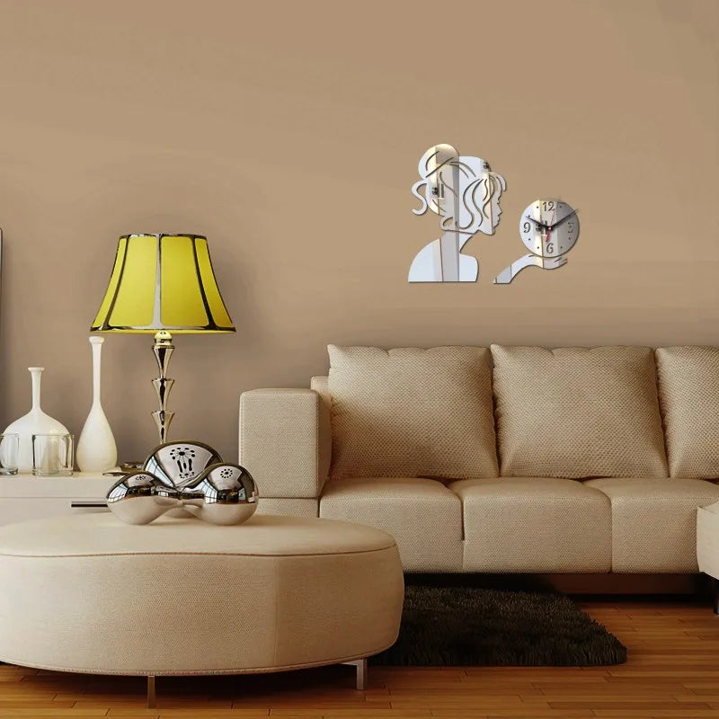 Beauty Lady Portrait Wall Clock Digital Quartz Watch Acrylic 3D Mirror Stickers Living Room Home Decor Beauty Salon Wall Decor