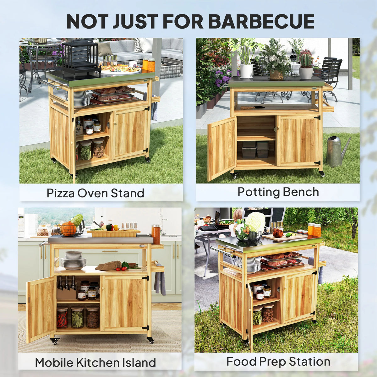 Grill Cart, Kitchen Island with Storage Cabinets, Natural Wood
