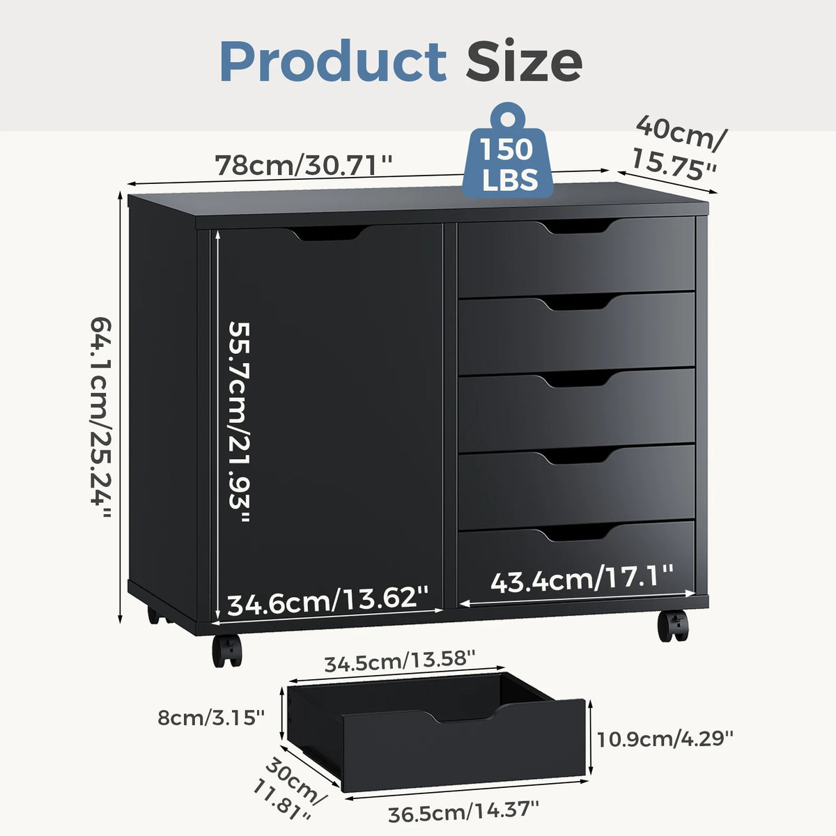 JHK Wood 5 Drawers Cabinets Organizer with Wheels Rolliing File Cabinet with Shelves and Door Printer Stand  for Home Office
