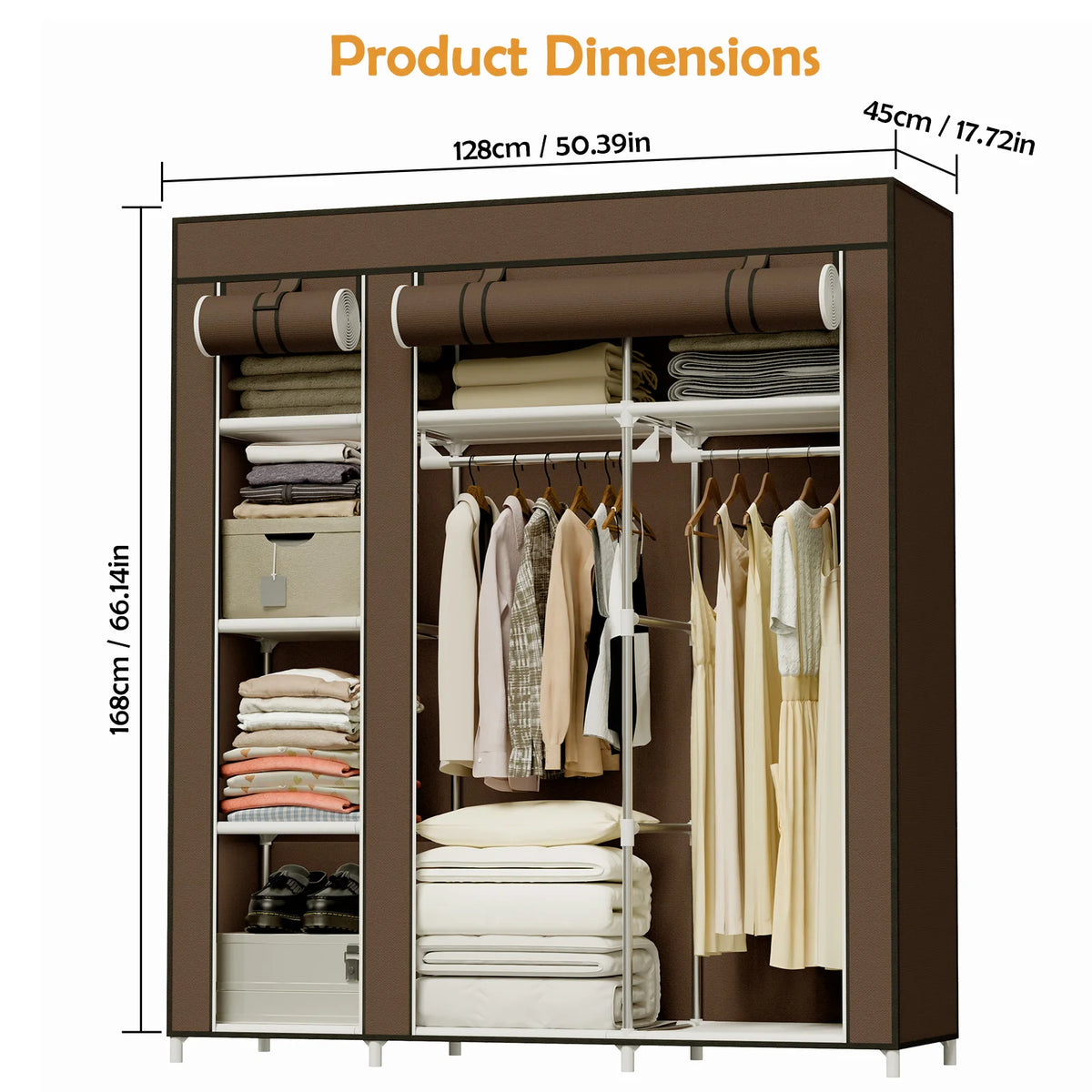 Portable Wardrobe Closet Organizer Storage Non-Woven Large Capacity with 2 Hanging Rods & 8 Storage Shelves, Waterproof & Dustproof Tool-Free Assembly for Bedroom Dorm Apartment Walk-in Closet