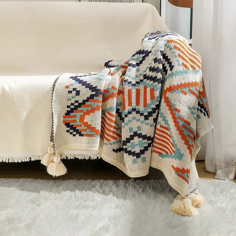 Boho Knitted Throw Blanket Luxury Soft Geometric Pattern Sofa Cover Home Decor Lightweight Travel Camping Blanket with Tassels