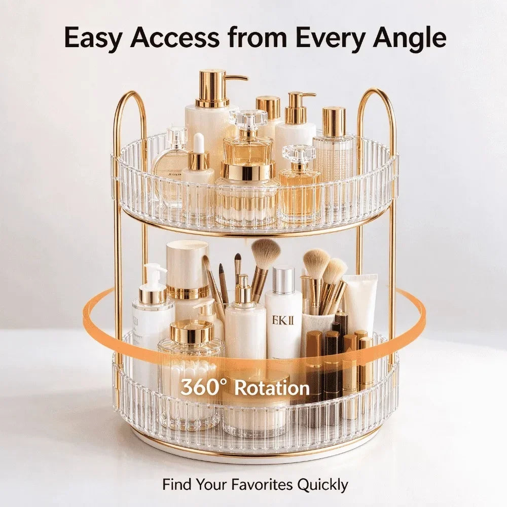 2 Tier 360 Degree Rotating Makeup Organizer Large Capacity Clear Acrylic Perfume Skincare Cosmetics Storage Rack for Vanity Countertop Bathroom Dresser,Spinning Lazy Susan Beauty Organizer Display Stand with Gold Frame,Gift f