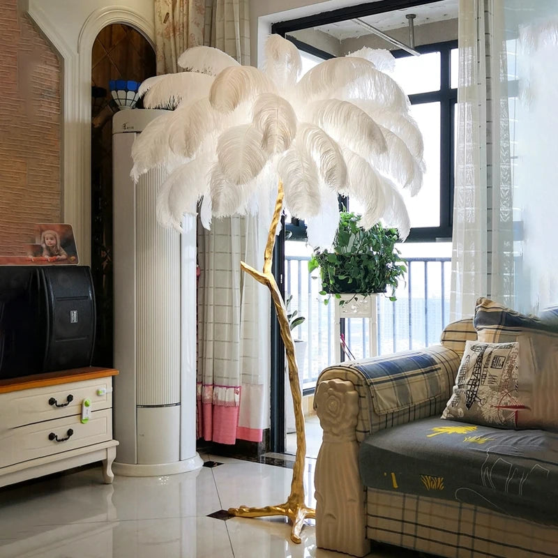 Nordic Resin Twigs Ostrich Feather Led Floor Lamp Living Room Home Decor Sofa Corner Standing Light Bedroom Bedside Feather Lamp