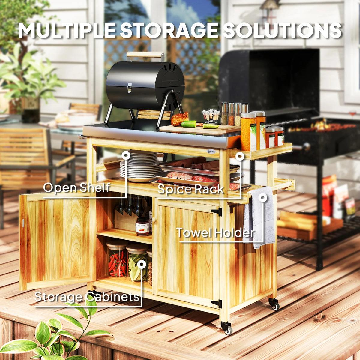 Grill Cart, Kitchen Island with Storage Cabinets, Natural Wood