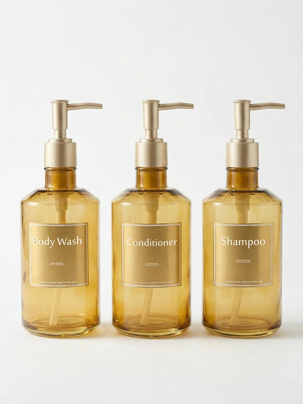 3PCS Shower Soap Dispenser Bottles with Waterproof Labels, Luxury Guest Bathroom Decoration Gold Bottles for Shampoo Conditioner