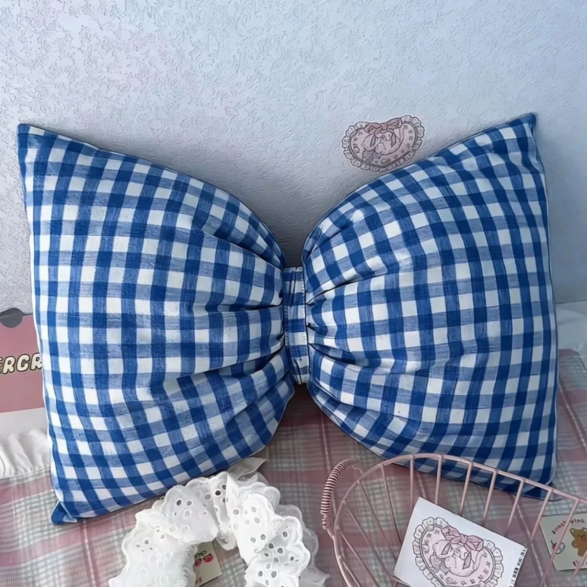 Light Blue Bow Throw Pillow 3D Stereo Bow‑knot Cushion Soft Plush Decorative Pillow for Sofa Bed Bedroom Home Decor