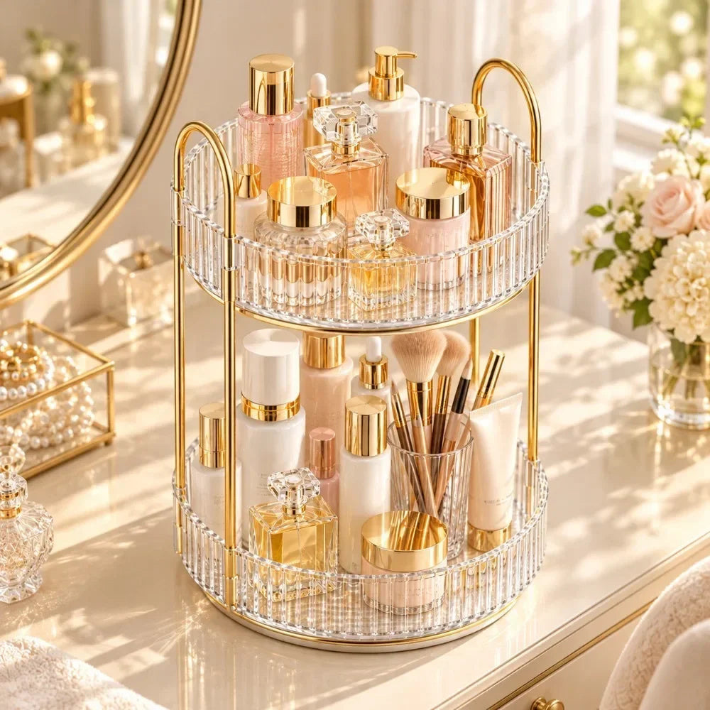2 Tier 360 Degree Rotating Makeup Organizer Large Capacity Clear Acrylic Perfume Skincare Cosmetics Storage Rack for Vanity Countertop Bathroom Dresser,Spinning Lazy Susan Beauty Organizer Display Stand with Gold Frame,Gift f