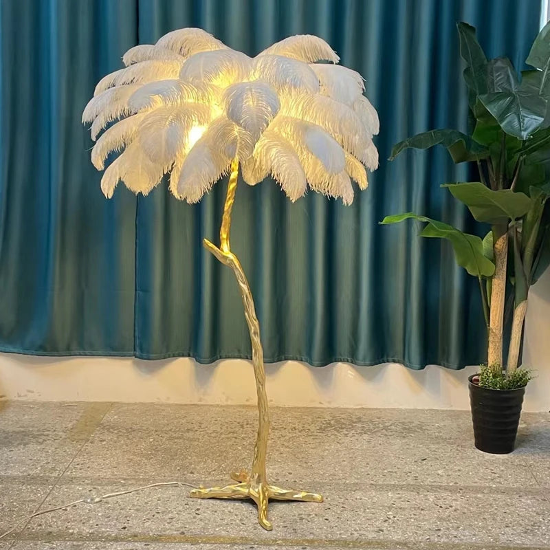 Nordic Resin Twigs Ostrich Feather Led Floor Lamp Living Room Home Decor Sofa Corner Standing Light Bedroom Bedside Feather Lamp