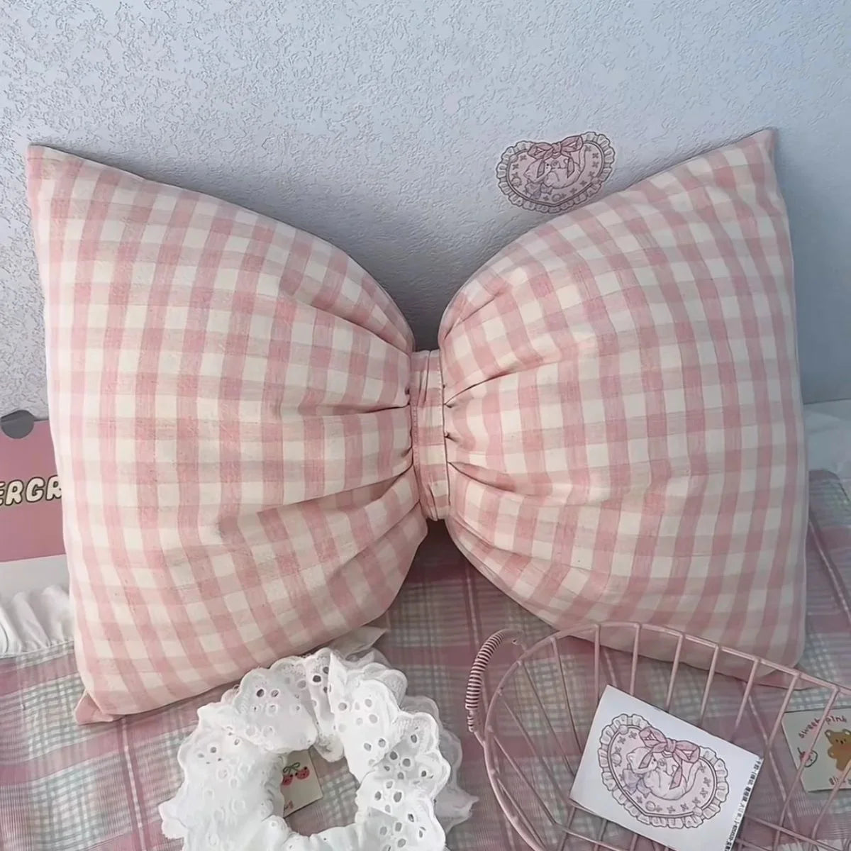 Light Blue Bow Throw Pillow 3D Stereo Bow‑knot Cushion Soft Plush Decorative Pillow for Sofa Bed Bedroom Home Decor