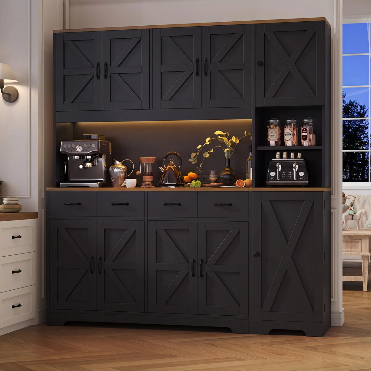 63"W x 15.8"D Farmhouse Slim Kitchen Pantry Cabinet, Black Storage Cabinet with Built-in AC Outlets & 2 USB Ports, LED Light, 6 Adjustable Shelves & 4 Soft-Close Drawers, Versatile for Kitchen Dining Room