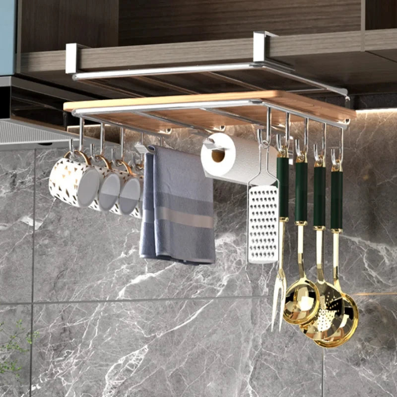 1PC Stainless Steel Hanging Kitchen Storage Rack with Hooks Paper Towel and Utensils Holder Cutting Board Storage Shelf