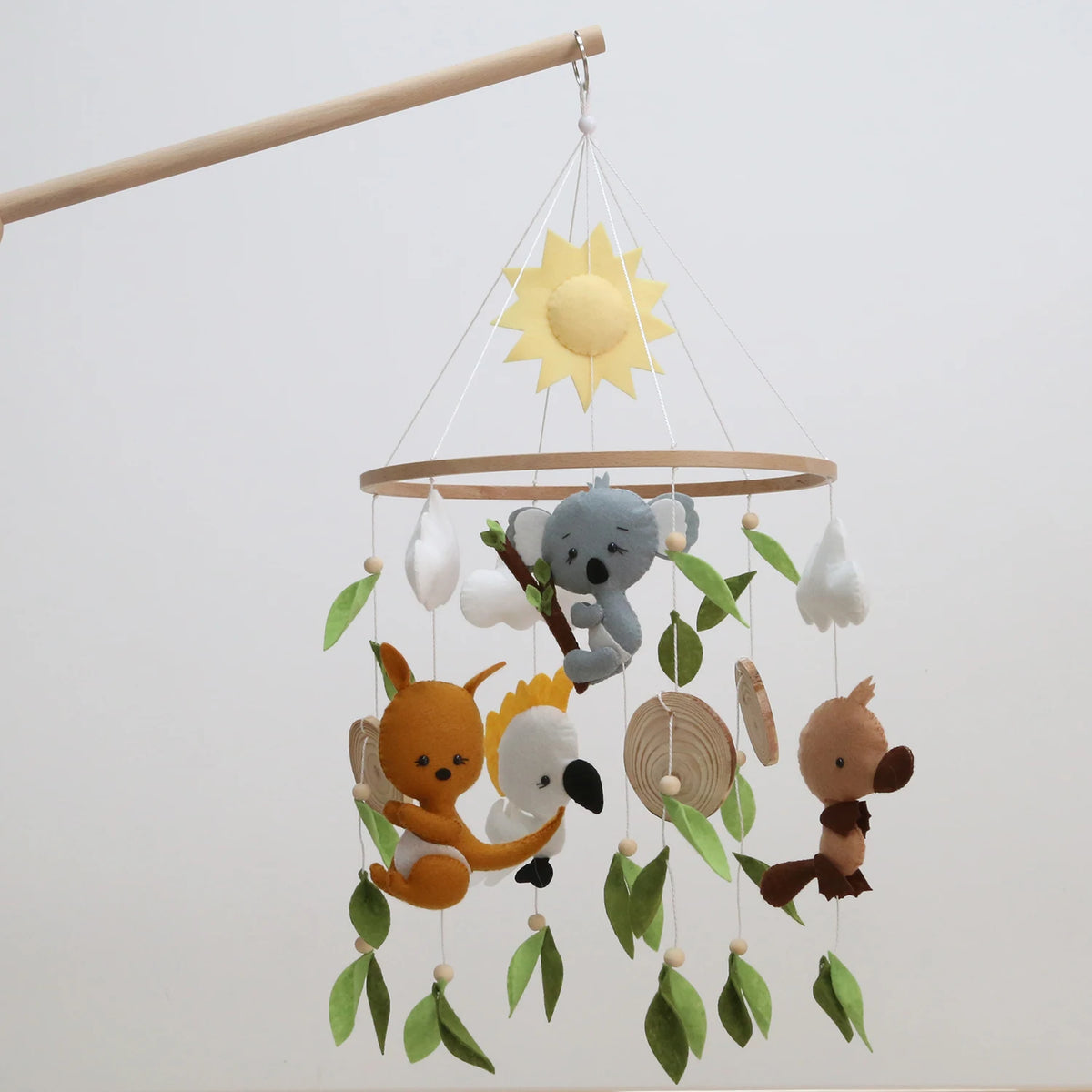Baby Mobile Australian Animals Koala Kangaroo Platypus and Cockatoo. Koala Nursery Decor Natural Green Leaves