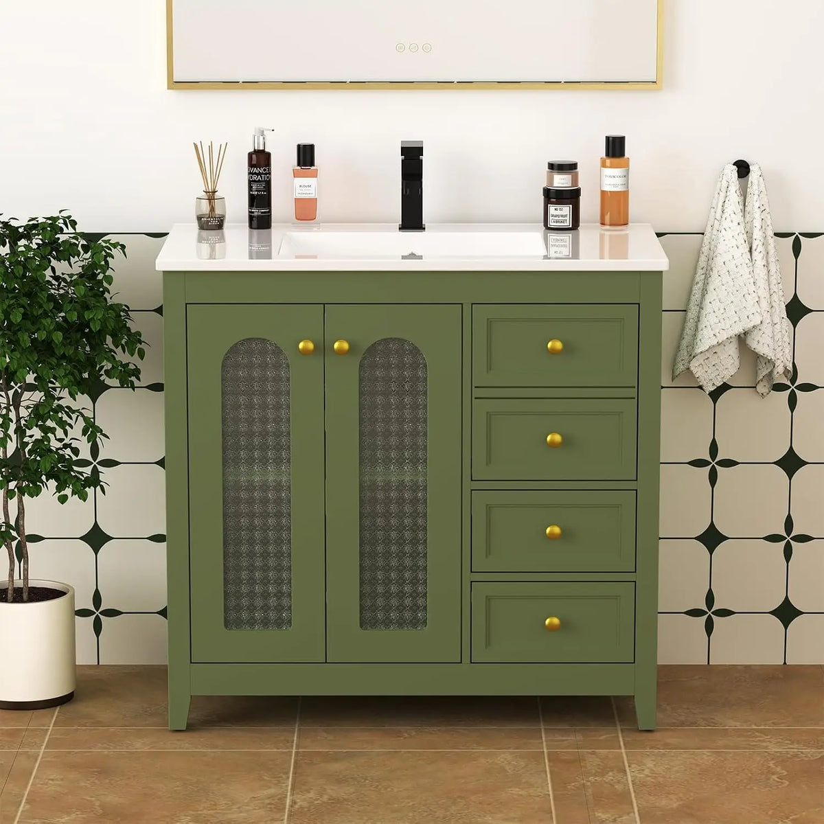 36” Bathroom Vanity with Sink, Modern Freestanding Bathroom Cabinet with Soft-Close Glass Doors, 3 Drawers and, Customized