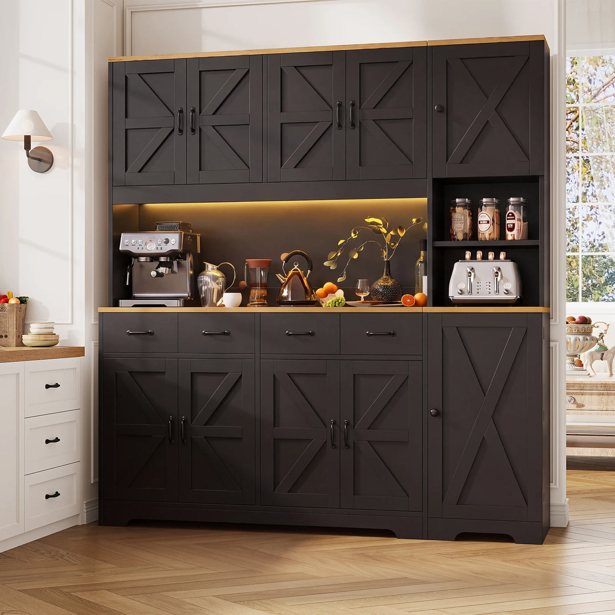 63"W x 15.8"D Farmhouse Slim Kitchen Pantry Cabinet, Black Storage Cabinet with Built-in AC Outlets & 2 USB Ports, LED Light, 6 Adjustable Shelves & 4 Soft-Close Drawers, Versatile for Kitchen Dining Room