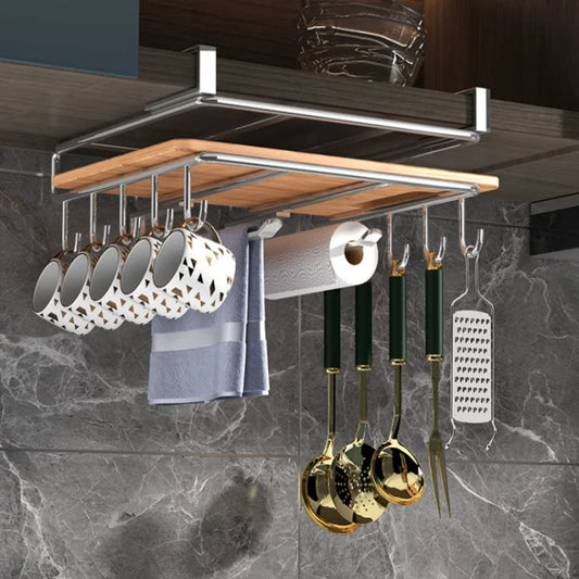 1PC Stainless Steel Hanging Kitchen Storage Rack with Hooks Paper Towel and Utensils Holder Cutting Board Storage Shelf