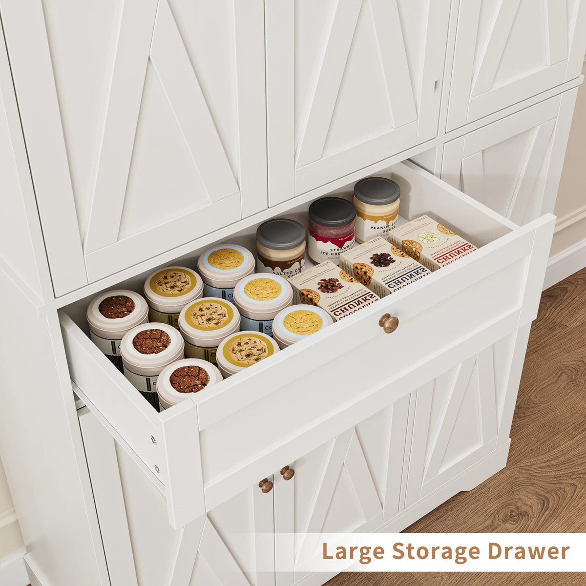 68.4" Tall White Modern Farmhouse Barn Door Kitchen Pantry Cabinet, Compact Footprint Large Capacity Storage with 6-Tier Door Shelves, 7 Interior Compartments, Adjustable Shelf & Smooth-Glide Drawer, Anti-Tip Kit, Easy Assemb