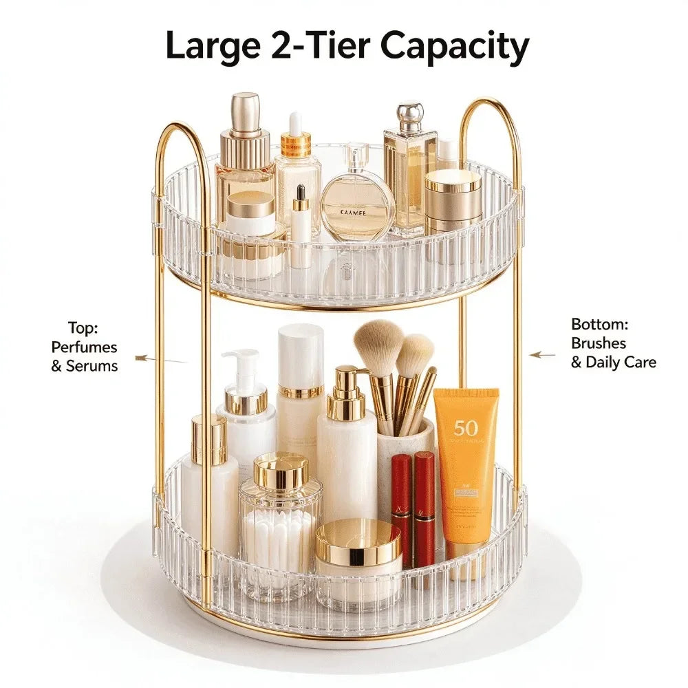 2 Tier 360 Degree Rotating Makeup Organizer Large Capacity Clear Acrylic Perfume Skincare Cosmetics Storage Rack for Vanity Countertop Bathroom Dresser,Spinning Lazy Susan Beauty Organizer Display Stand with Gold Frame,Gift f