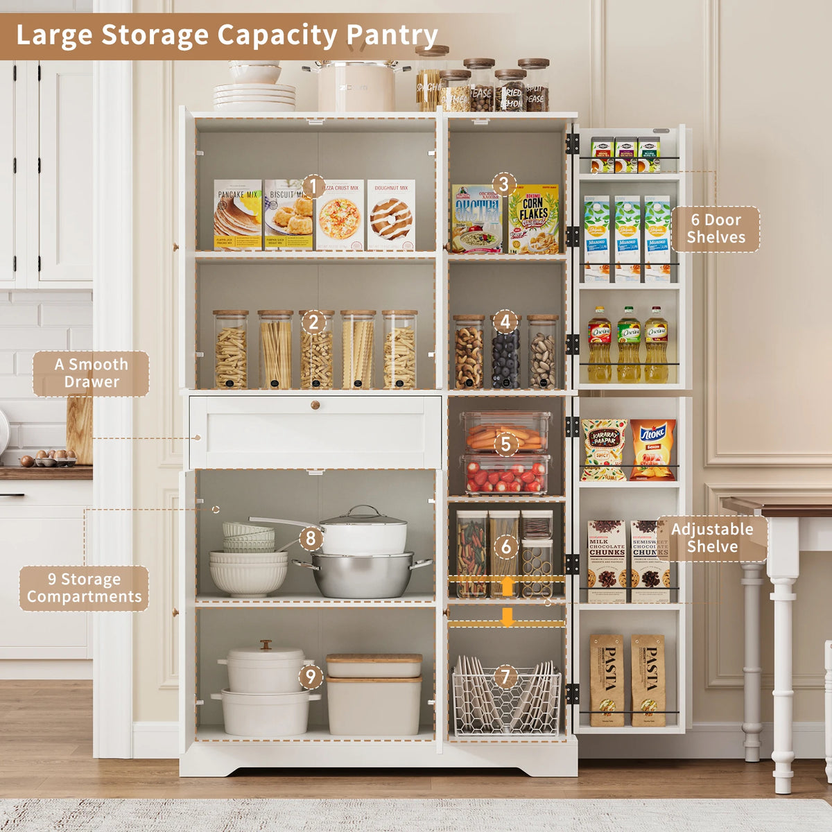 68.4" Tall White Modern Farmhouse Barn Door Kitchen Pantry Cabinet, Compact Footprint Large Capacity Storage with 6-Tier Door Shelves, 7 Interior Compartments, Adjustable Shelf & Smooth-Glide Drawer, Anti-Tip Kit, Easy Assemb