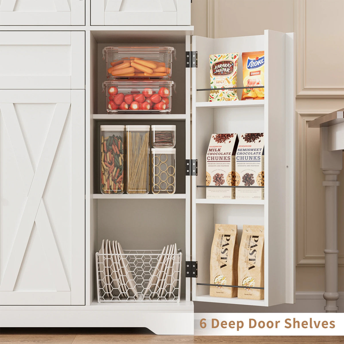 68.4" Tall White Modern Farmhouse Barn Door Kitchen Pantry Cabinet, Compact Footprint Large Capacity Storage with 6-Tier Door Shelves, 7 Interior Compartments, Adjustable Shelf & Smooth-Glide Drawer, Anti-Tip Kit, Easy Assemb