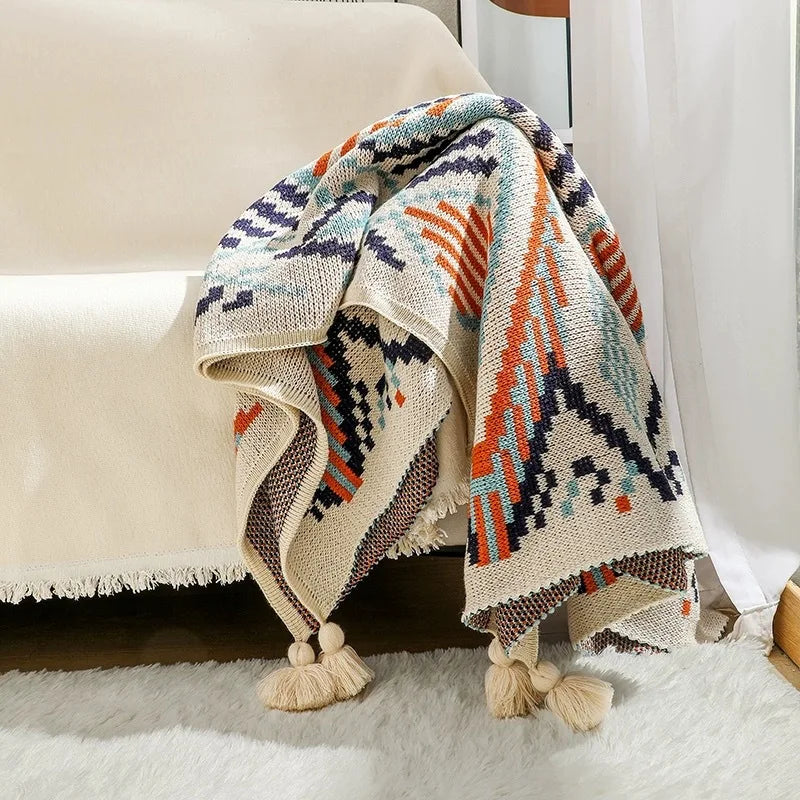 Boho Knitted Throw Blanket Luxury Soft Geometric Pattern Sofa Cover Home Decor Lightweight Travel Camping Blanket with Tassels