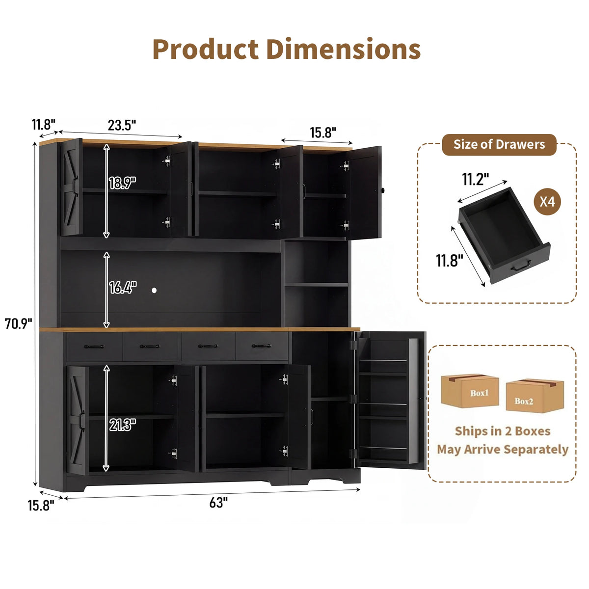63"W x 15.8"D Farmhouse Slim Kitchen Pantry Cabinet, Black Storage Cabinet with Built-in AC Outlets & 2 USB Ports, LED Light, 6 Adjustable Shelves & 4 Soft-Close Drawers, Versatile for Kitchen Dining Room