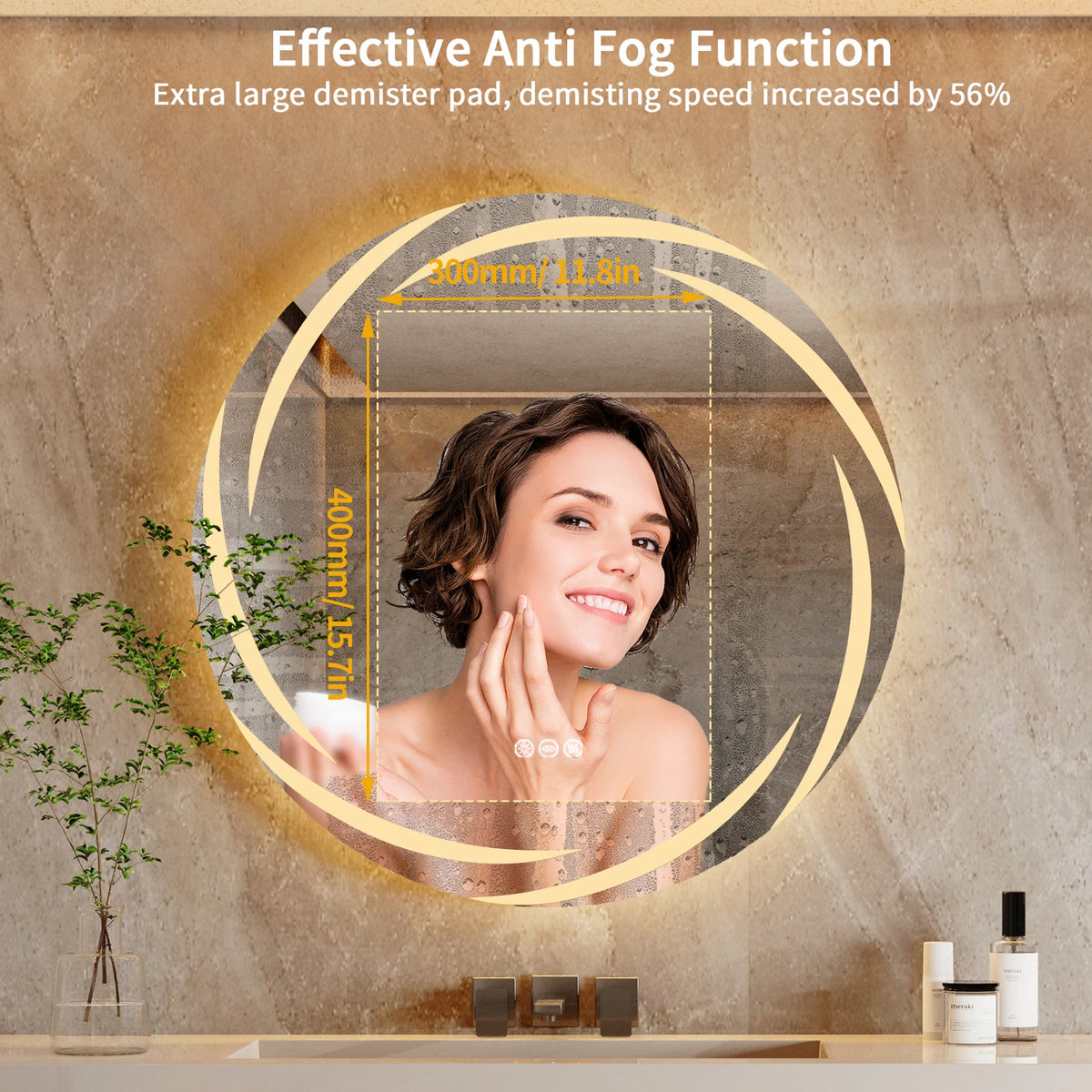 Anti-fog LED Bathroom Mirror Circle Backlit HD Wall Mounted Vanity Mirror Shatterproof 3 Colors Lights Adjust