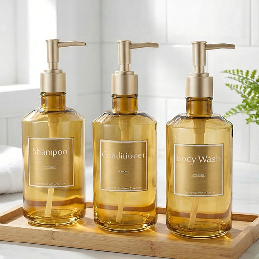 3PCS Shower Soap Dispenser Bottles with Waterproof Labels, Luxury Guest Bathroom Decoration Gold Bottles for Shampoo Conditioner