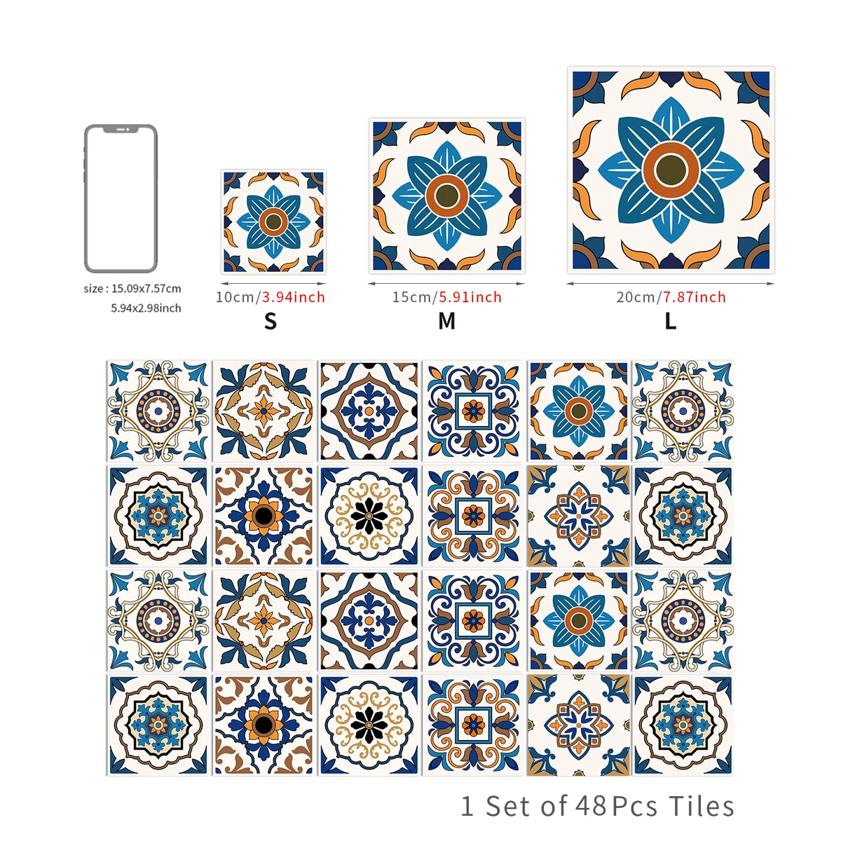 48 Pieces of Floral Brick Wall Stickers in Blue Brown Exotic Mandala Pattern for Kitchen and Bathroom Decoration