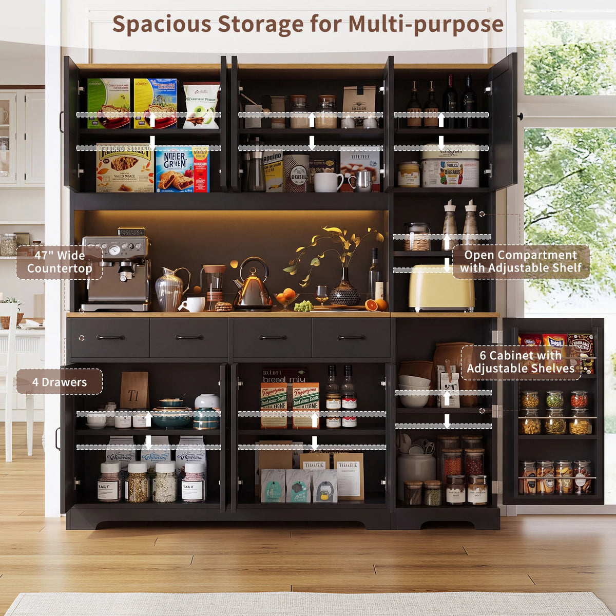 63"W x 15.8"D Farmhouse Slim Kitchen Pantry Cabinet, Black Storage Cabinet with Built-in AC Outlets & 2 USB Ports, LED Light, 6 Adjustable Shelves & 4 Soft-Close Drawers, Versatile for Kitchen Dining Room