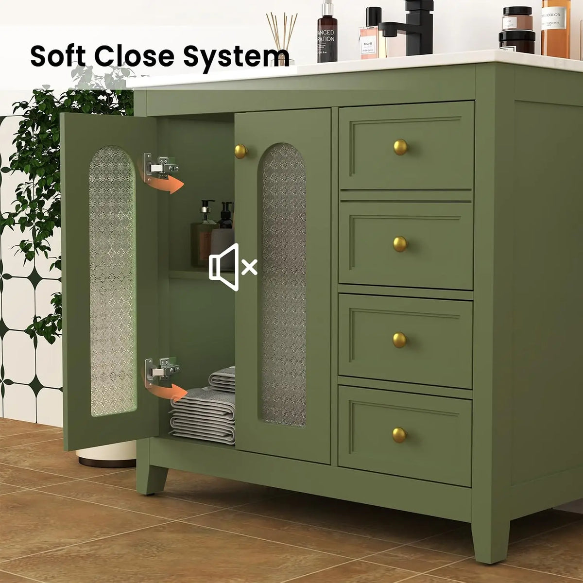 36” Bathroom Vanity with Sink, Modern Freestanding Bathroom Cabinet with Soft-Close Glass Doors, 3 Drawers and, Customized