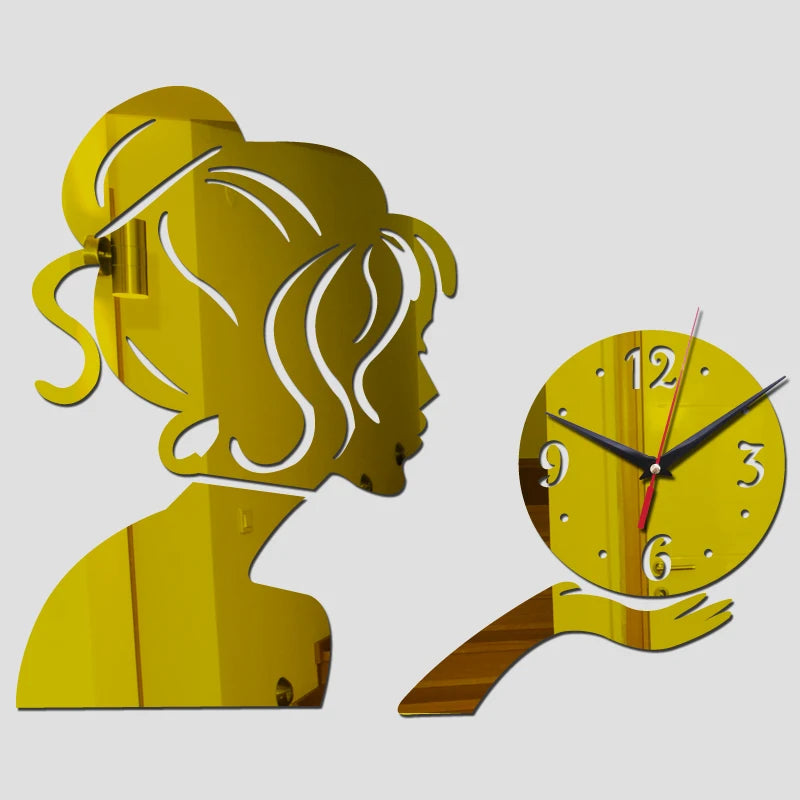 Beauty Lady Portrait Wall Clock Digital Quartz Watch Acrylic 3D Mirror Stickers Living Room Home Decor Beauty Salon Wall Decor