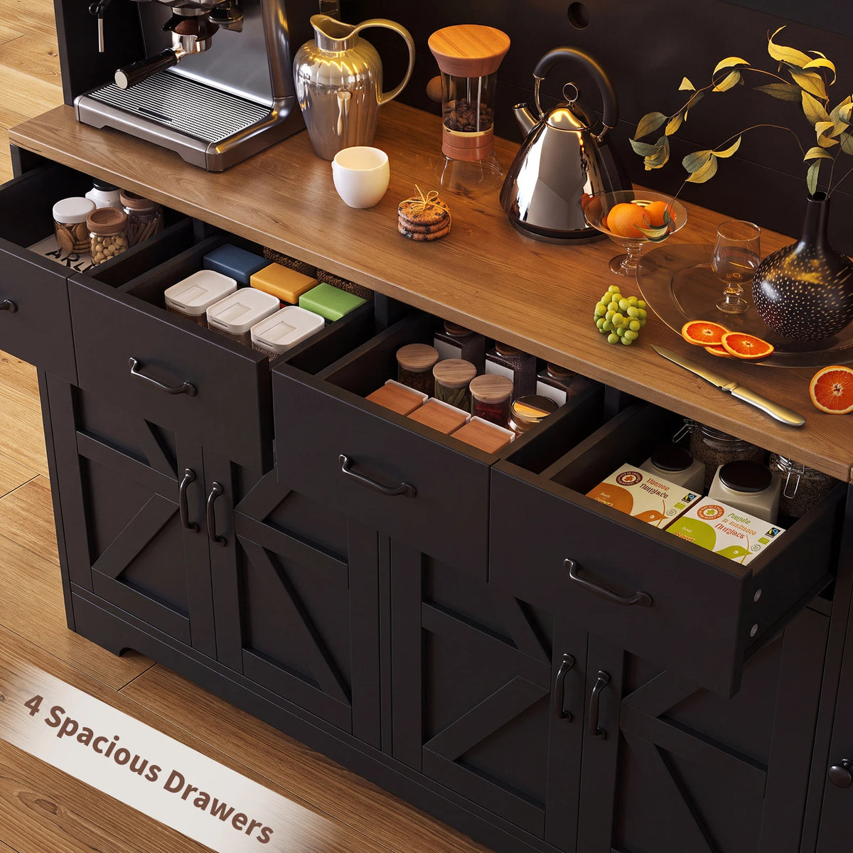 63"W x 15.8"D Farmhouse Slim Kitchen Pantry Cabinet, Black Storage Cabinet with Built-in AC Outlets & 2 USB Ports, LED Light, 6 Adjustable Shelves & 4 Soft-Close Drawers, Versatile for Kitchen Dining Room