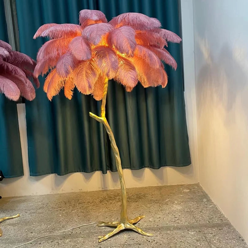 Nordic Resin Twigs Ostrich Feather Led Floor Lamp Living Room Home Decor Sofa Corner Standing Light Bedroom Bedside Feather Lamp