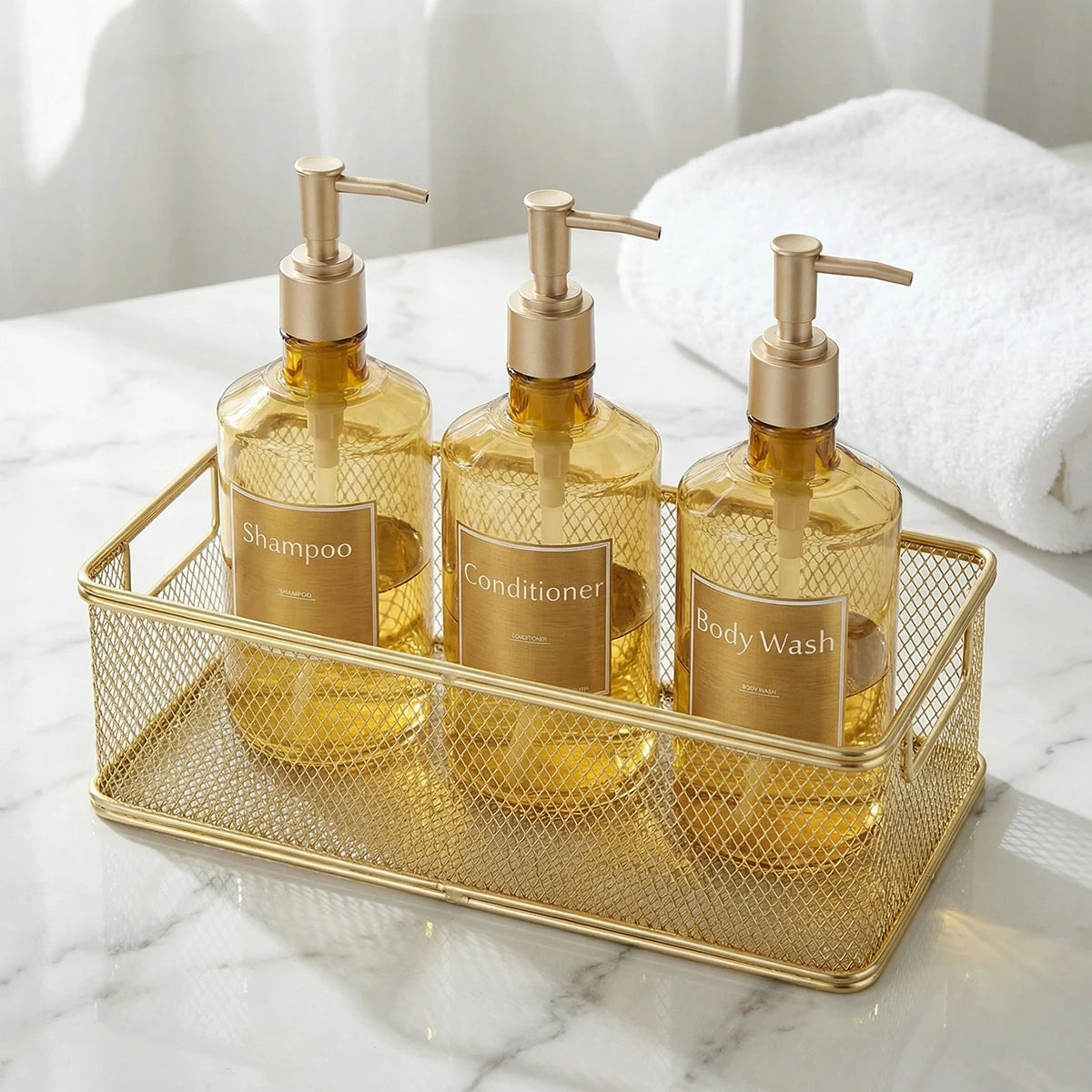 3PCS Shower Soap Dispenser Bottles with Waterproof Labels, Luxury Guest Bathroom Decoration Gold Bottles for Shampoo Conditioner