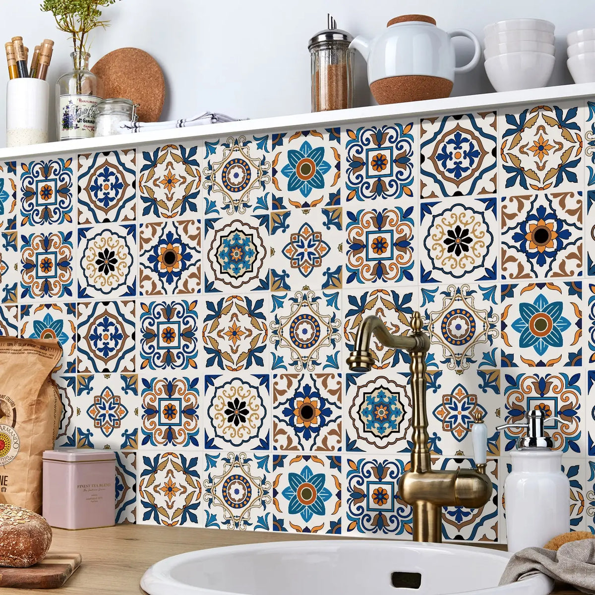 48 Pieces of Floral Brick Wall Stickers in Blue Brown Exotic Mandala Pattern for Kitchen and Bathroom Decoration